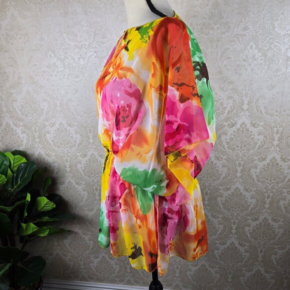 Le Moda One Size Sheer Floral Print Swim Cover Up Elastic Waist Armholes - Picture 4 of 10